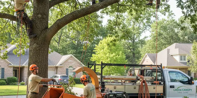 Tree service crew in Spokane, WA providing professional tree removal for a home exterior