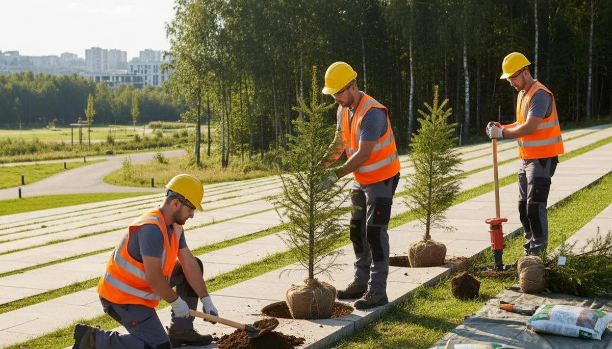 Tree service crew planting a new tree in Spokane, WA for a residential property