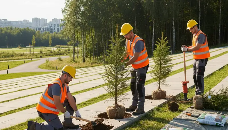 Tree service crew planting a new tree in Spokane, WA for a residential property